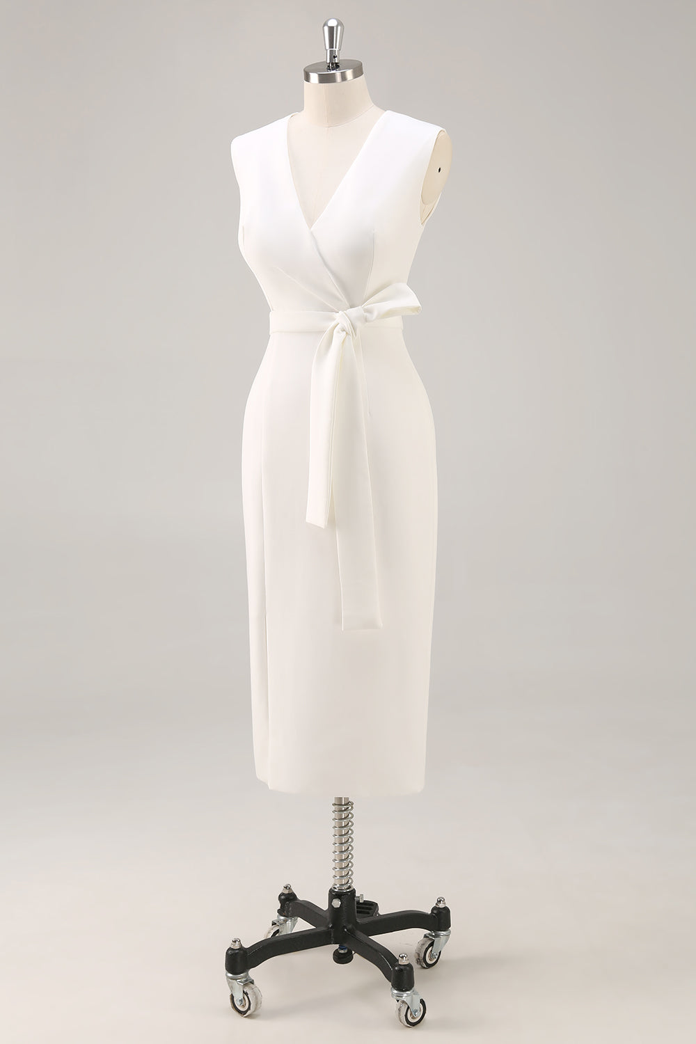 White V-Neck Satin Formal Dress with Belt