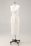 White V-Neck Satin Formal Dress with Belt