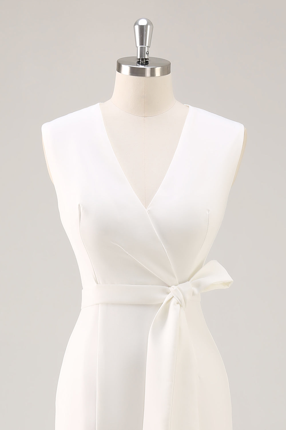 White V-Neck Satin Formal Dress with Belt