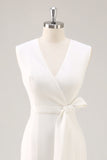 White V-Neck Satin Formal Dress with Belt
