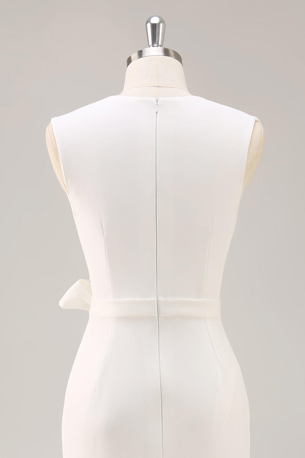 White V-Neck Satin Formal Dress with Belt