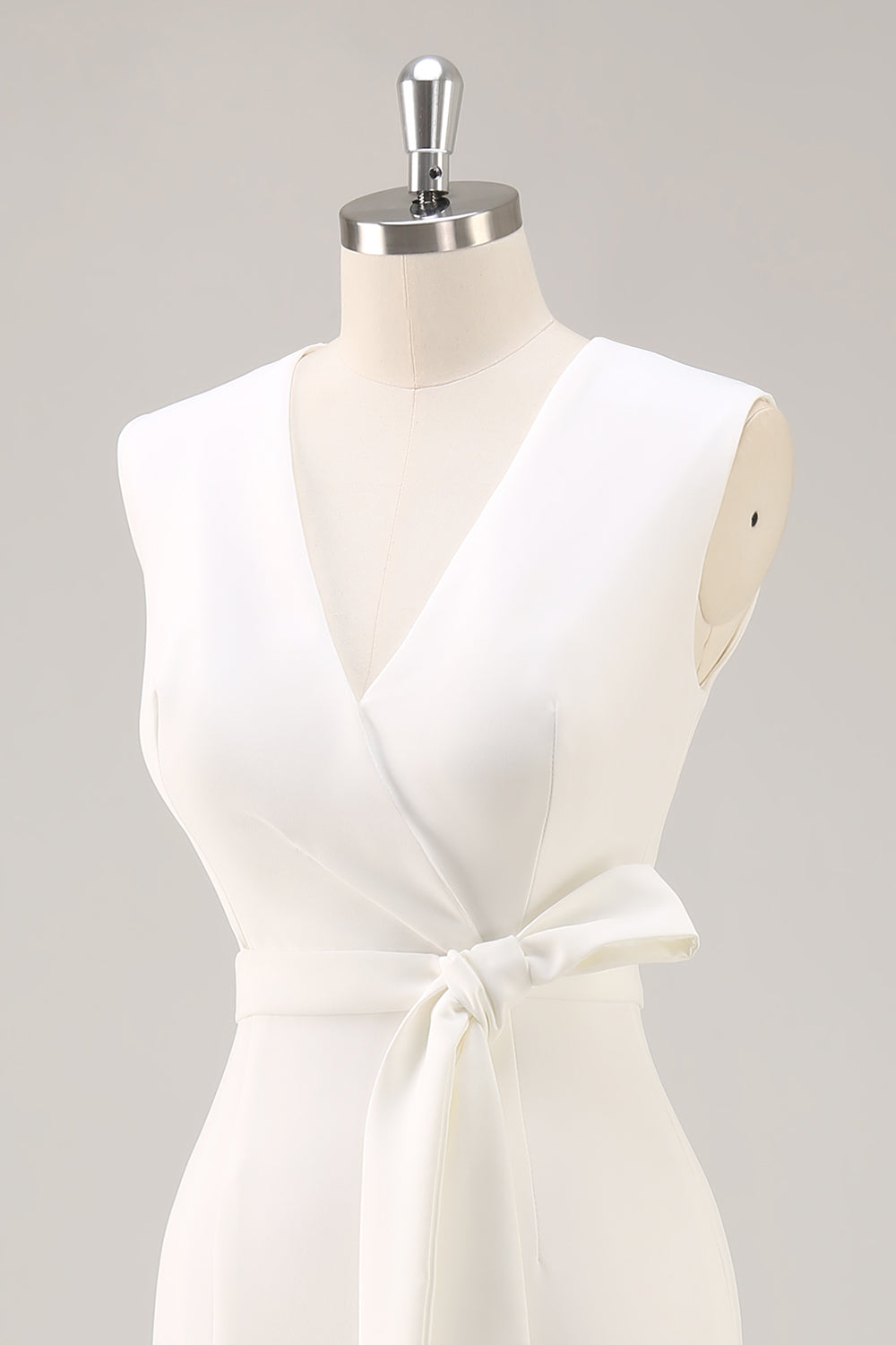 White V-Neck Satin Formal Dress with Belt