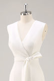 White V-Neck Satin Formal Dress with Belt