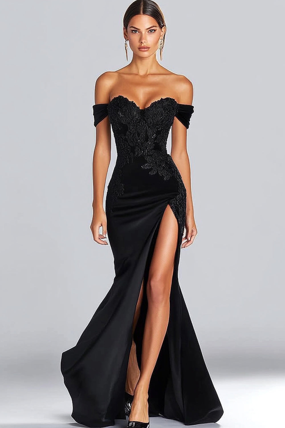 Off The Shoulder Sequins Satin Mermaid Black Gala Dress with Slit