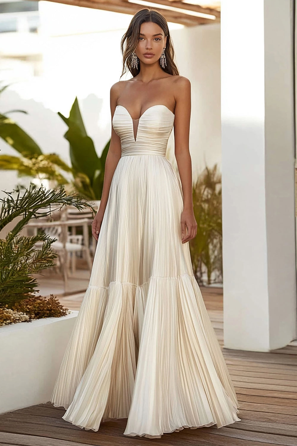 Champagne A Line Strapless Pleated Long Wedding Guest Dress