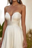 Champagne A Line Strapless Pleated Long Wedding Guest Dress