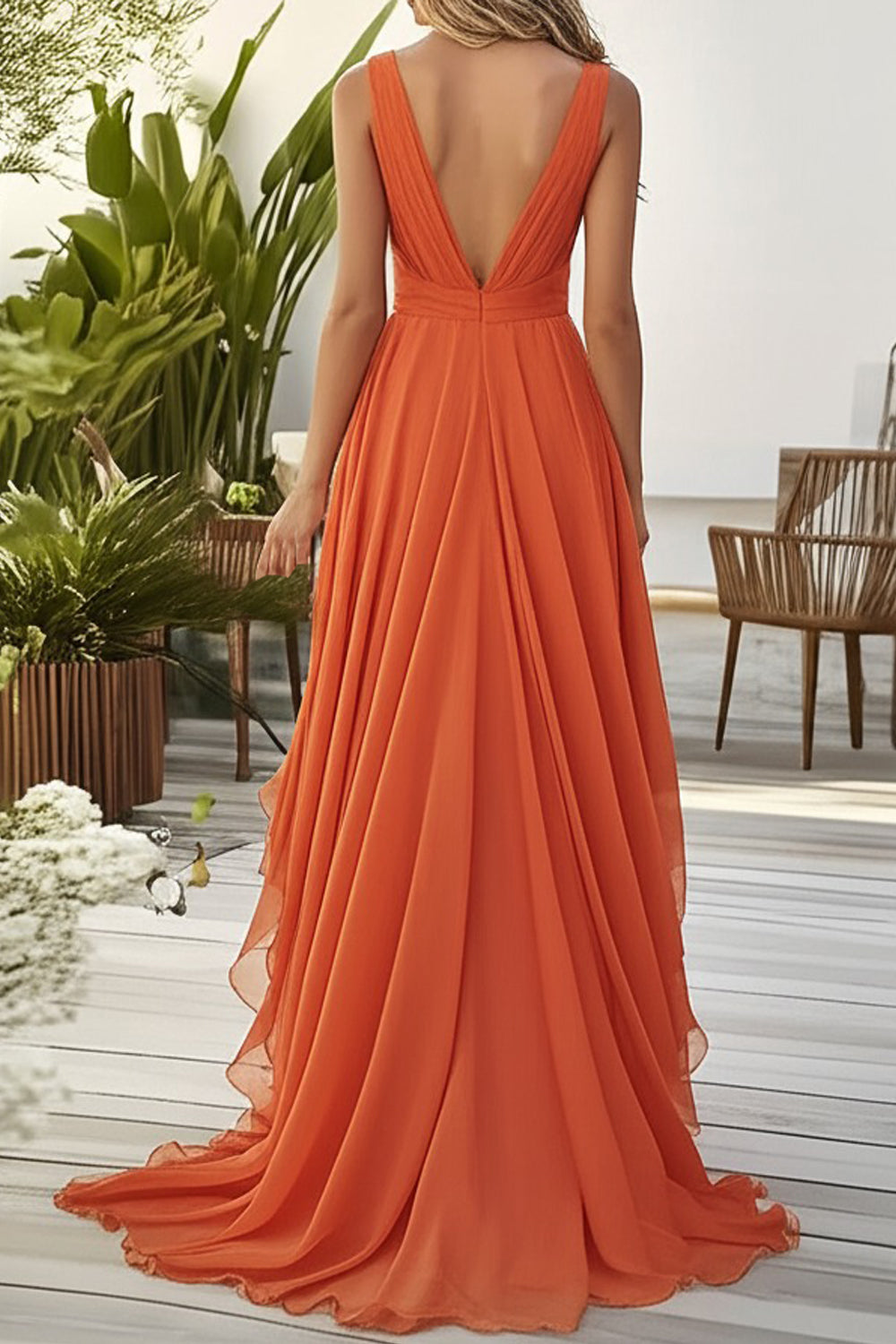 Orange Ruffled A Line Chiffon Wedding Guest Dress