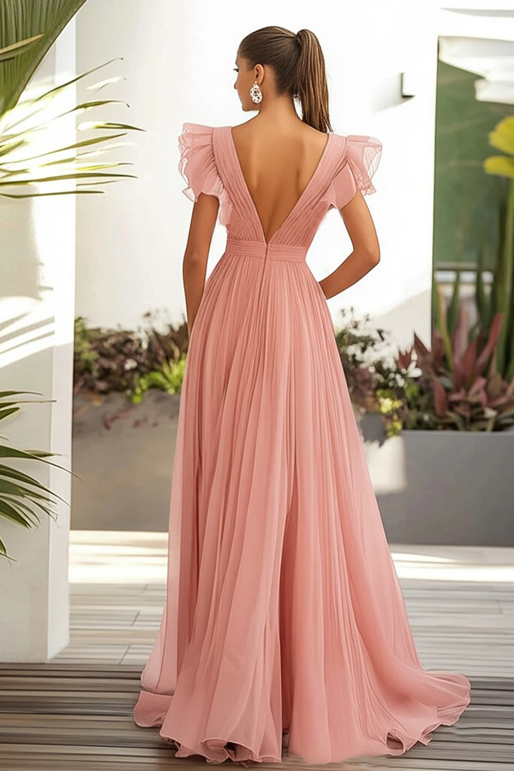 Pink A Line Ruffles V Neck Long Wedding Guest Dress