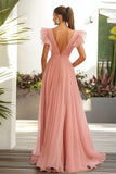 Pink A Line Ruffles V Neck Long Wedding Guest Dress