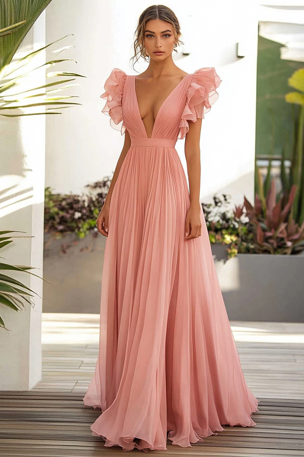 Pink A Line Ruffles V Neck Long Wedding Guest Dress