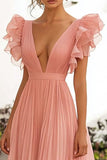 Pink A Line Ruffles V Neck Long Wedding Guest Dress