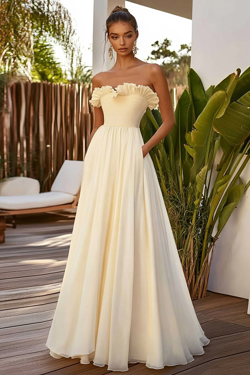 Strapless Ruffled A Line Daffodil Wedding Guest Dress