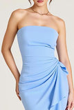 Sky Blue Sheath Ruched Wedding Guest Dress With Slit