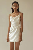 Cowl Neck Satin Short White Graduation Dress