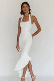 White Halter Mermaid Pleated Party Dress