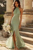 Halter Dusty Sage Mermaid Ruffles Chiffon Bridesmaid Dress