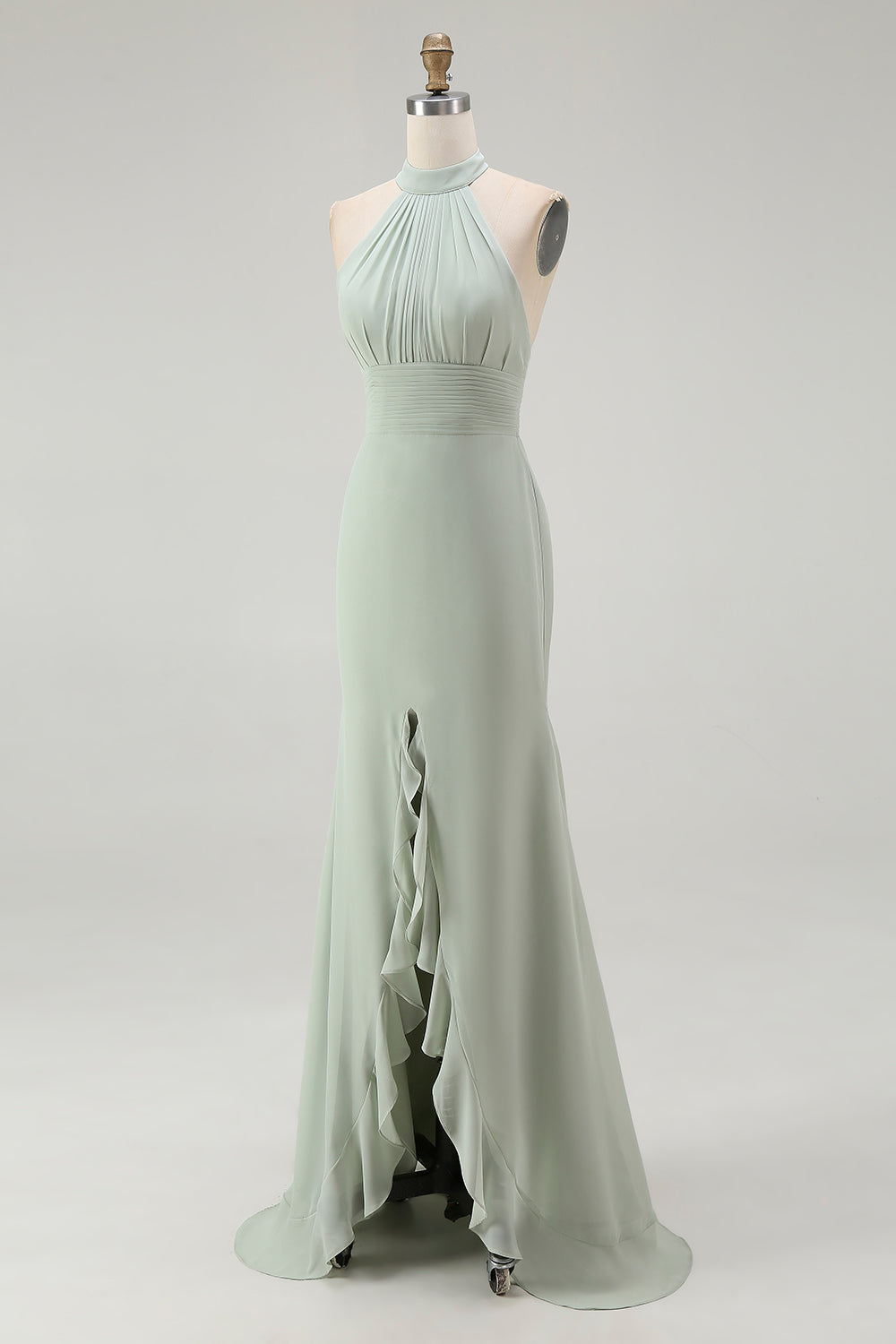 Dusty Sage Halter Mermaid Chiffon Bridesmaid Dress With Ruffles