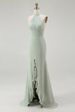 Dusty Sage Halter Mermaid Chiffon Bridesmaid Dress With Ruffles