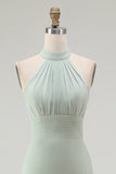 Dusty Sage Halter Mermaid Chiffon Bridesmaid Dress With Ruffles