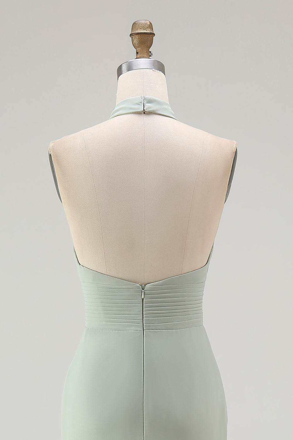 Dusty Sage Halter Mermaid Chiffon Bridesmaid Dress With Ruffles