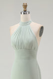 Dusty Sage Halter Mermaid Chiffon Bridesmaid Dress With Ruffles