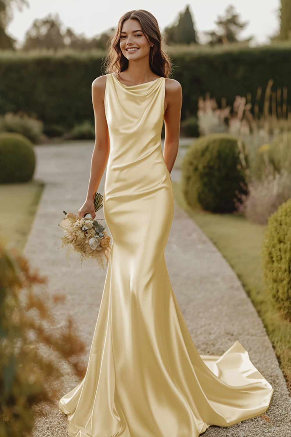 Daffodil Cowl Neck Satin Mermaid Bridesmaid Dress