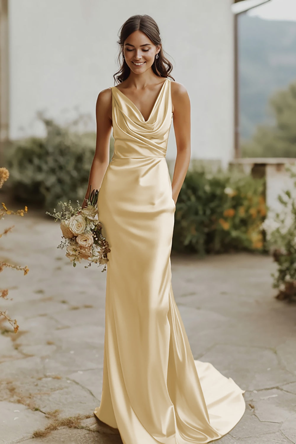 Daffodil V-Neck Sheath Satin Bridesmaid Dress