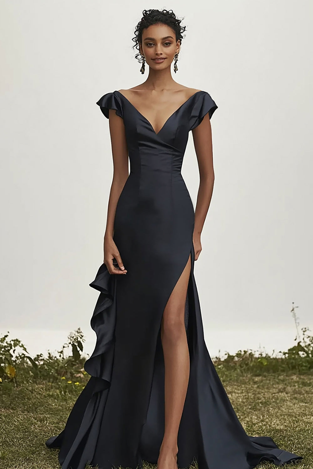 Black V-Neck Mermaid Satin Ruffles Prom Dress