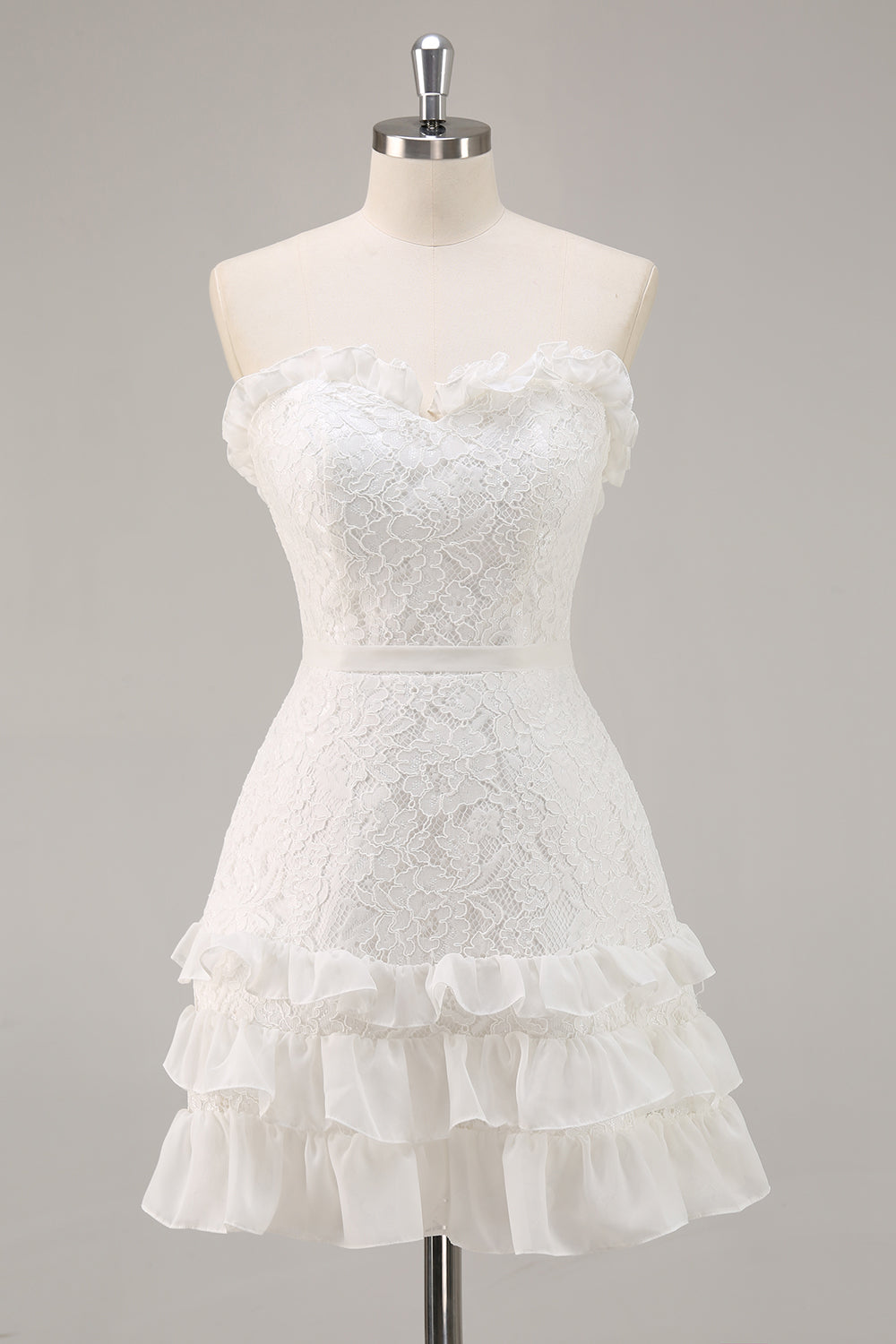 White A Line Strapless Mini Lace Graduation Dress