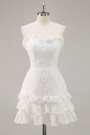 White A Line Strapless Mini Lace Graduation Dress