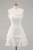 White A Line Strapless Mini Lace Graduation Dress