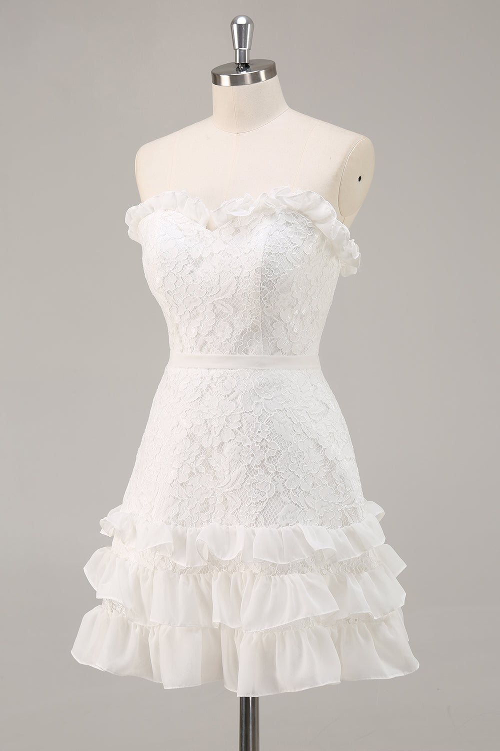 White A Line Strapless Mini Lace Graduation Dress