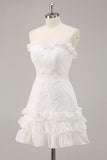 White A Line Strapless Mini Lace Graduation Dress