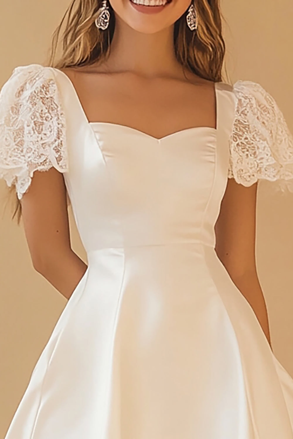 White A Line Lace Satin Graduation Dress with Short Sleeves