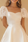 White A Line Lace Satin Graduation Dress with Short Sleeves