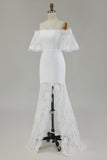 White Off the Shoulder Sheath Lace Wedding Dress With Slit
