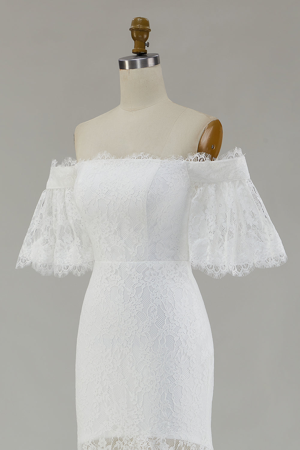 White Off the Shoulder Sheath Lace Wedding Dress With Slit