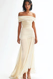Flowy Ivory Off the Shoulder Ruched Mermaid Wedding Dress