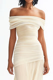 Flowy Ivory Off the Shoulder Ruched Mermaid Wedding Dress