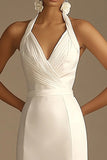 White Halter Ruched Satin Mermaid Wedding Dress