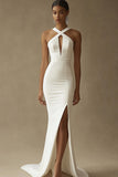 Mermaid White Keyhole Satin Wedding Dress with Slit