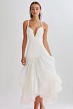 White A Line Ruffled Chiffon Tea Length Graduation Dress
