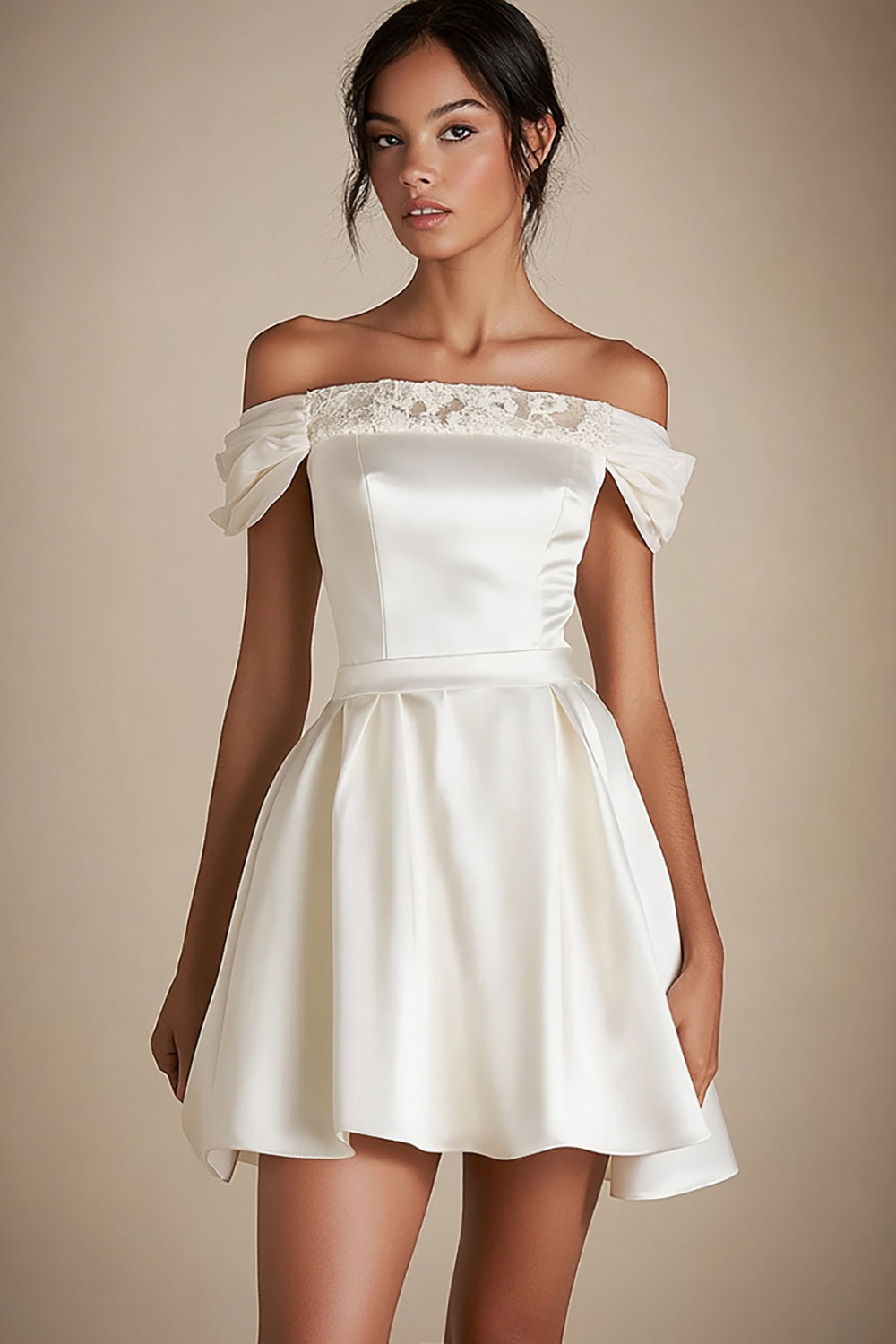 Off the Shoulder Lace White A Line Graduation Dress