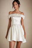Off the Shoulder Lace White A Line Graduation Dress