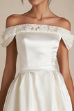 Off the Shoulder Lace White A Line Graduation Dress