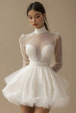Puffy White A Line Illusion Neck Tulle Graduation Dress with Long Sleeves