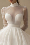 Puffy White A Line Illusion Neck Tulle Graduation Dress with Long Sleeves