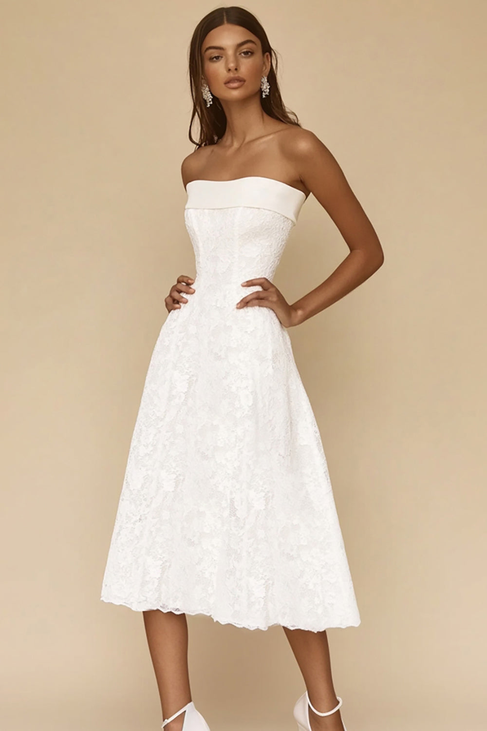 A Line Strapless Lace Tea Length White Graduation Dress