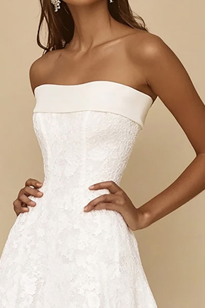 ZAPAKA Women Strapless Graduation Dress White A Line Lace Tea Length