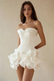 A-Line Strapless Ruffled Little White Graduation Dress